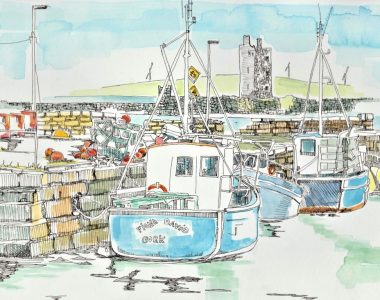 Carrigaholt Pier Blue Boat by Ruth Wood Exclusive to Kilbaha Gallery