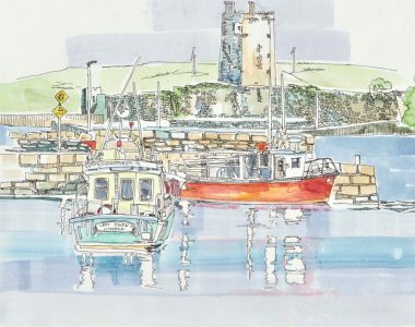 Carrigaholt Pier, Red Boat by Ruth Wood Exclusive to Kilbaha Gallery