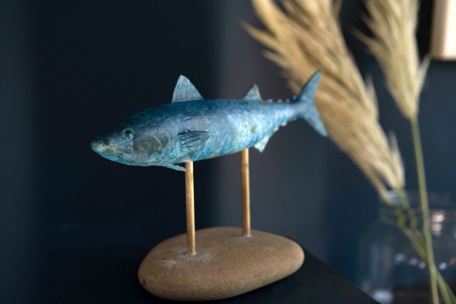 Des Leddin Bronze Mackerel on stone Buy Irish Art Kilbaha Gallery