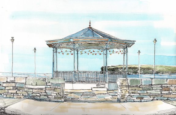 The bandstand and Georges Head, Kilkee Co Clare. 46.5 x 62.5 cm.