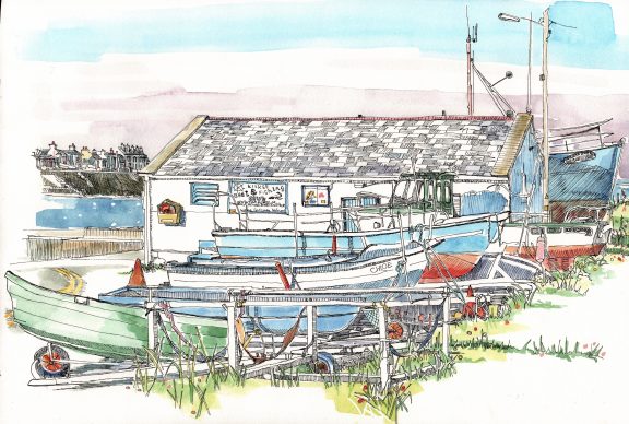 The boat house and Fishing Club, Kilkee, Co. Clare. 46.5 x 62.5 cm.