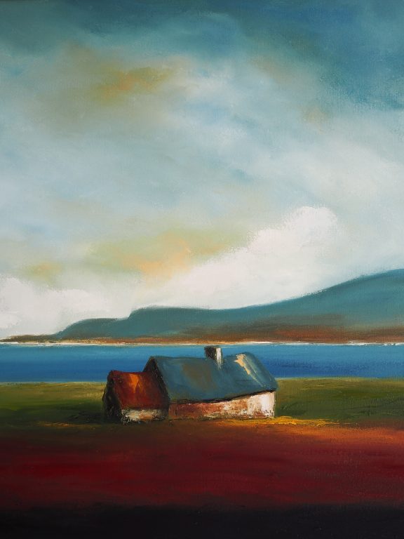 Atlantic Home cottage oil painting by Padraig McCaul Kilbaha Gallery Irish Art Clare