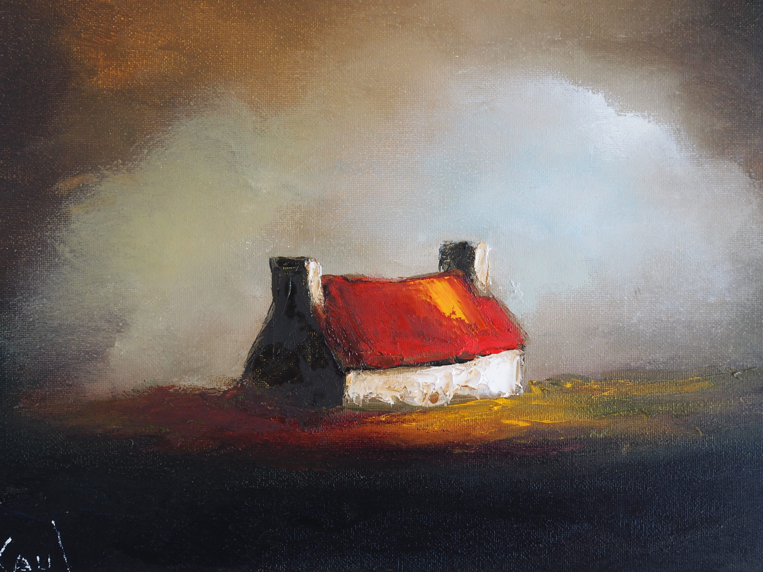 worried sky cottage by Padraig McCaul Irish art Kilbaha Gallery