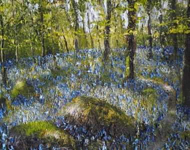 Mossy Boulders Mark Eldred Oil Painting for KIlbaha Gallery Forest Scene Blueblells Irish art gallery