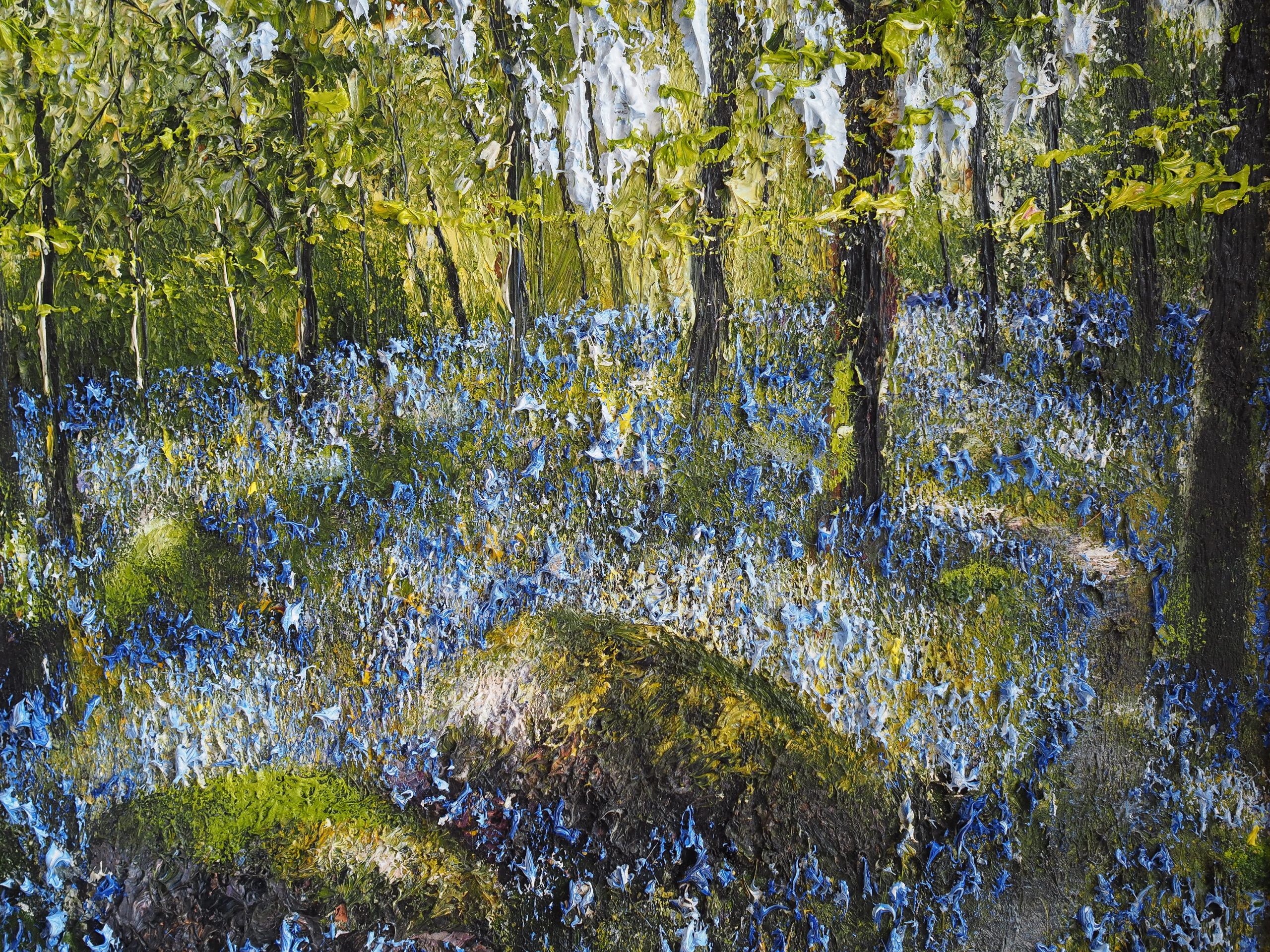 Mossy Boulders Mark Eldred Oil Painting for KIlbaha Gallery Forest Scene Blueblells Irish art gallery