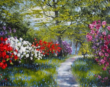 Azaleas, Rhododendron and bluebells oil painting by Mark Eldred for Kilbaha Gallery Irish Art