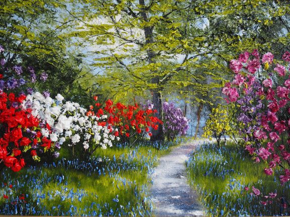 Azaleas, Rhododendron and bluebells oil painting by Mark Eldred for Kilbaha Gallery Irish Art
