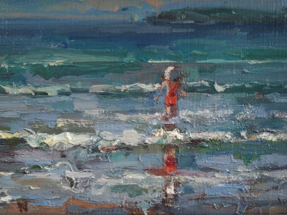 First dip by Bairbre Duggan oil painting seascape WAW Ireland Irish art Gallery Ireland