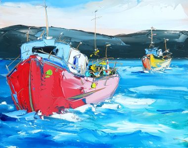 Ups and Downs by David Coyne Fishing boats West of Ireland seascape painting In oils Irish art