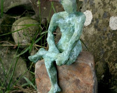 Horned God by Adam Pomeroy Bronze Sculpture on Stone Base for Kilbaha Gallery Irish Art