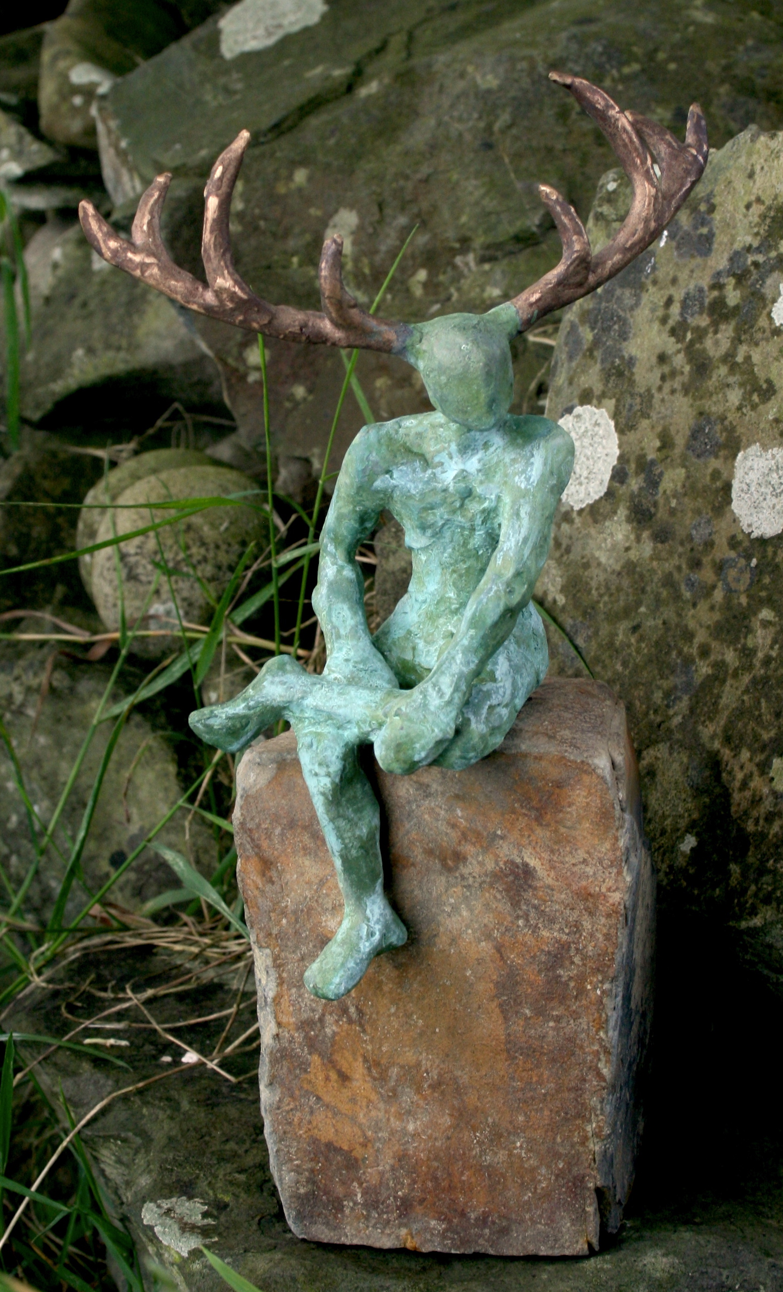 Horned God by Adam Pomeroy Bronze Sculpture on Stone Base for Kilbaha Gallery Irish Art