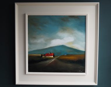 A Hard Road Padraig McCaul Red roof cottage shed landscape rural West of Ireland Moody Sky Mountains Irish art Kilbaha Gallery Clare