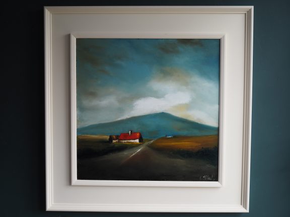 A Hard Road Padraig McCaul Red roof cottage shed landscape rural West of Ireland Moody Sky Mountains Irish art Kilbaha Gallery Clare