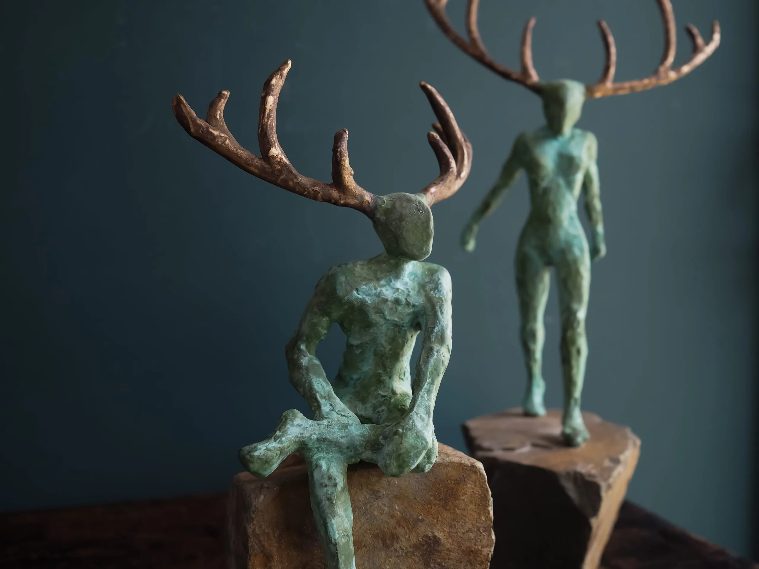 Horned God by Adam Pomeroy Bronze Sculpture on Stone Base for Kilbaha Gallery Irish Art