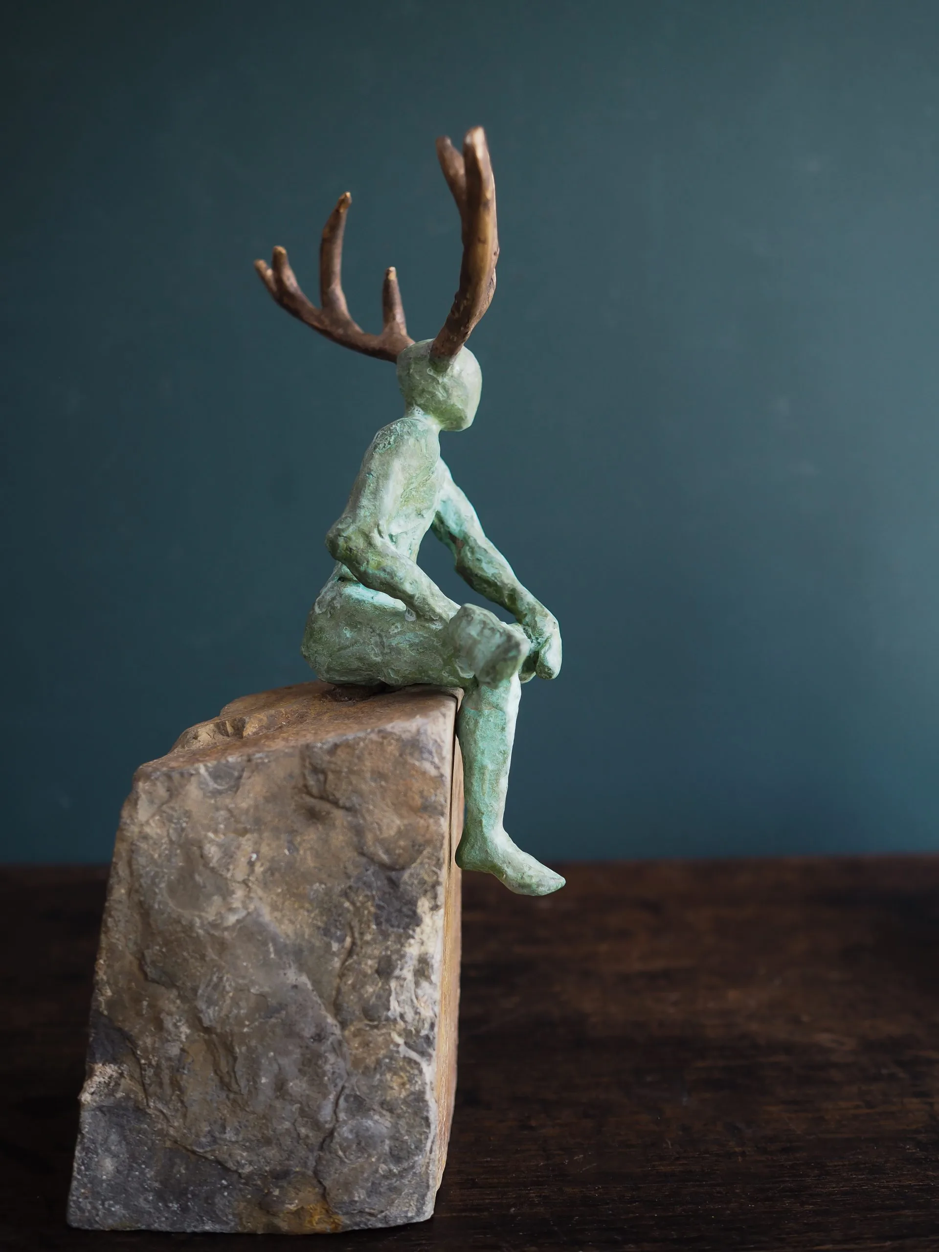 Horned God by Adam Pomeroy Bronze Sculpture on Stone Base for Kilbaha Gallery Irish Art