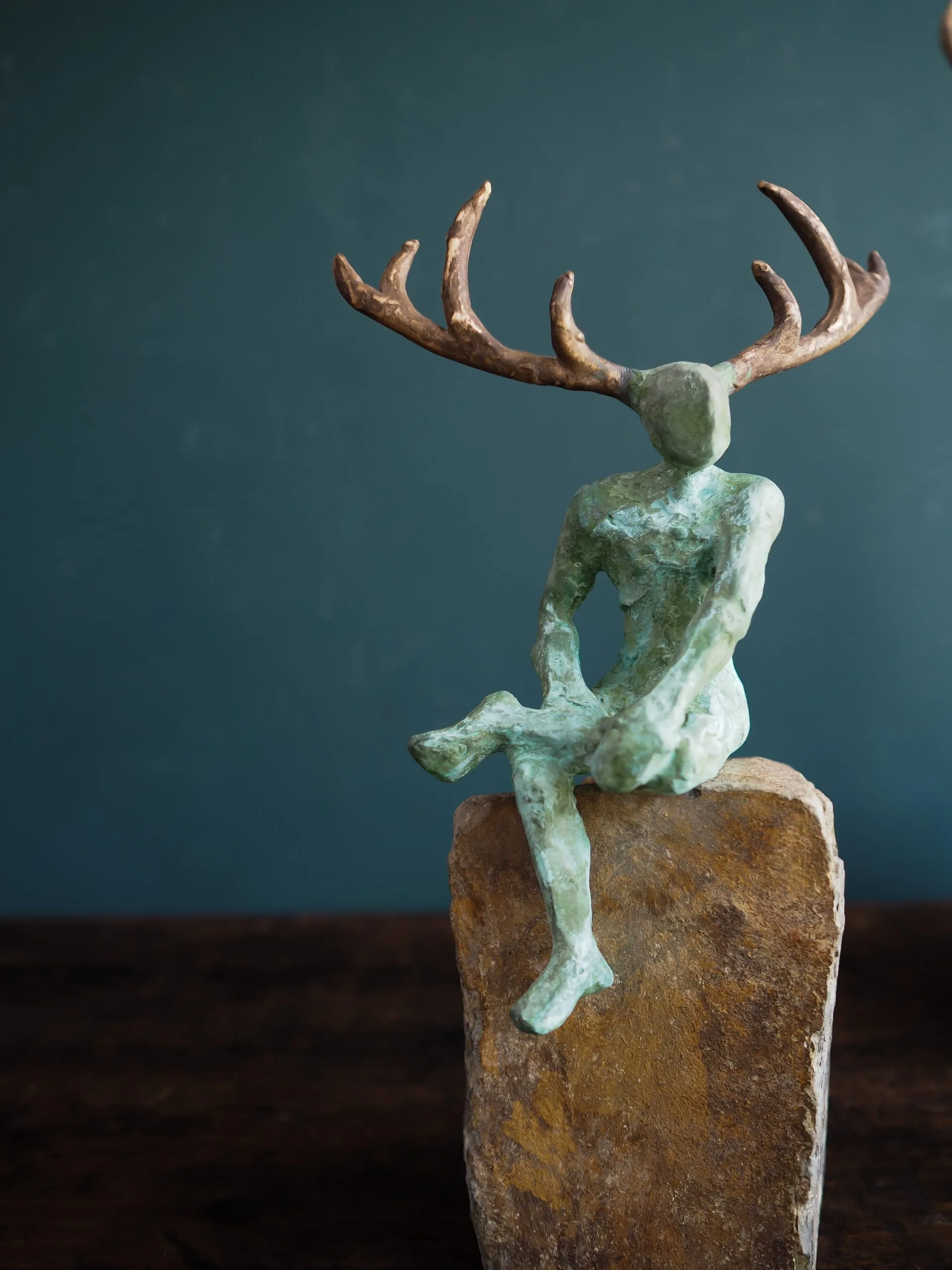 Horned God by Adam Pomeroy Bronze Sculpture on Stone Base for Kilbaha Gallery Irish Art