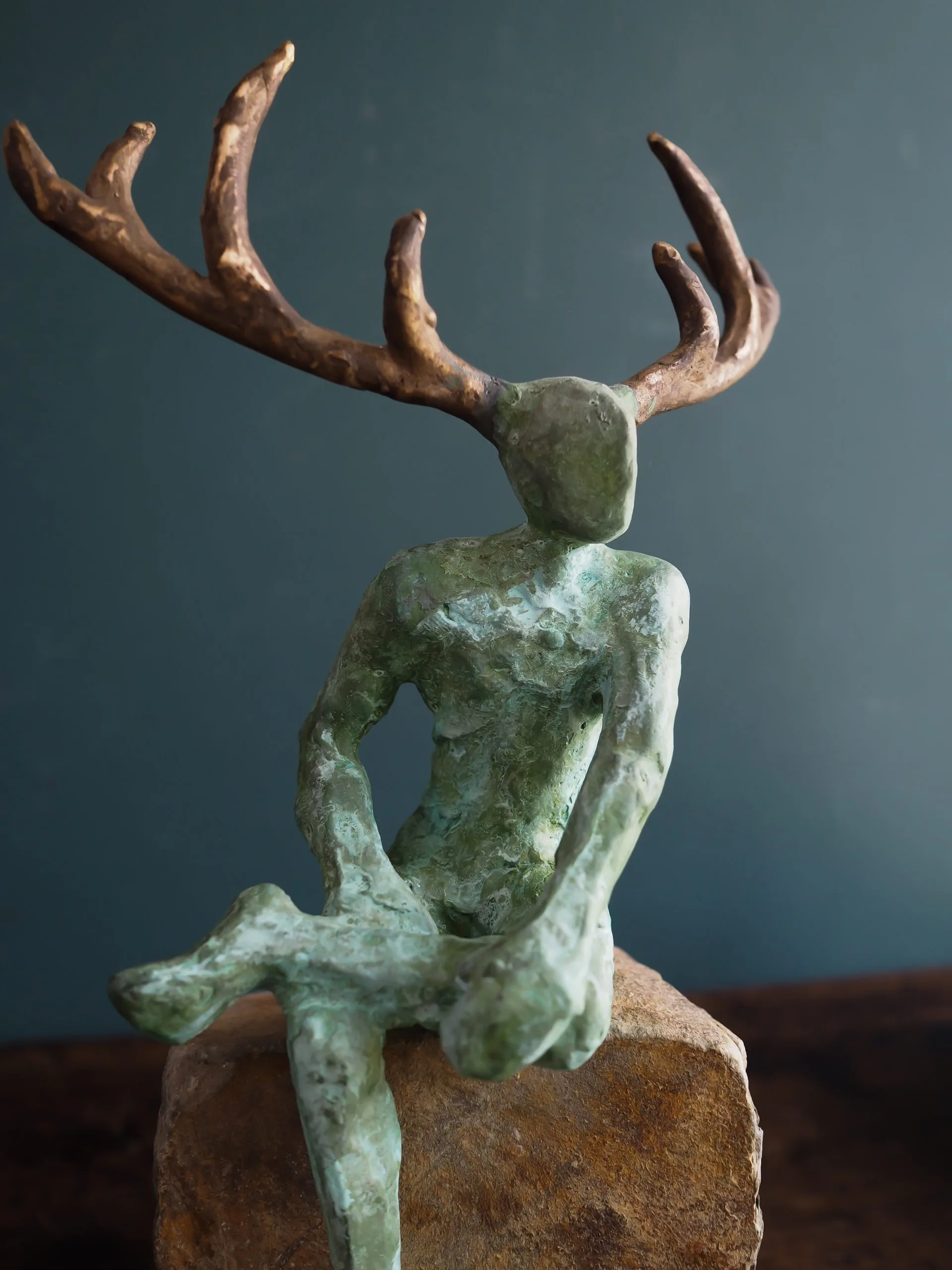 Horned God by Adam Pomeroy Bronze Sculpture on Stone Base for Kilbaha Gallery Irish Art