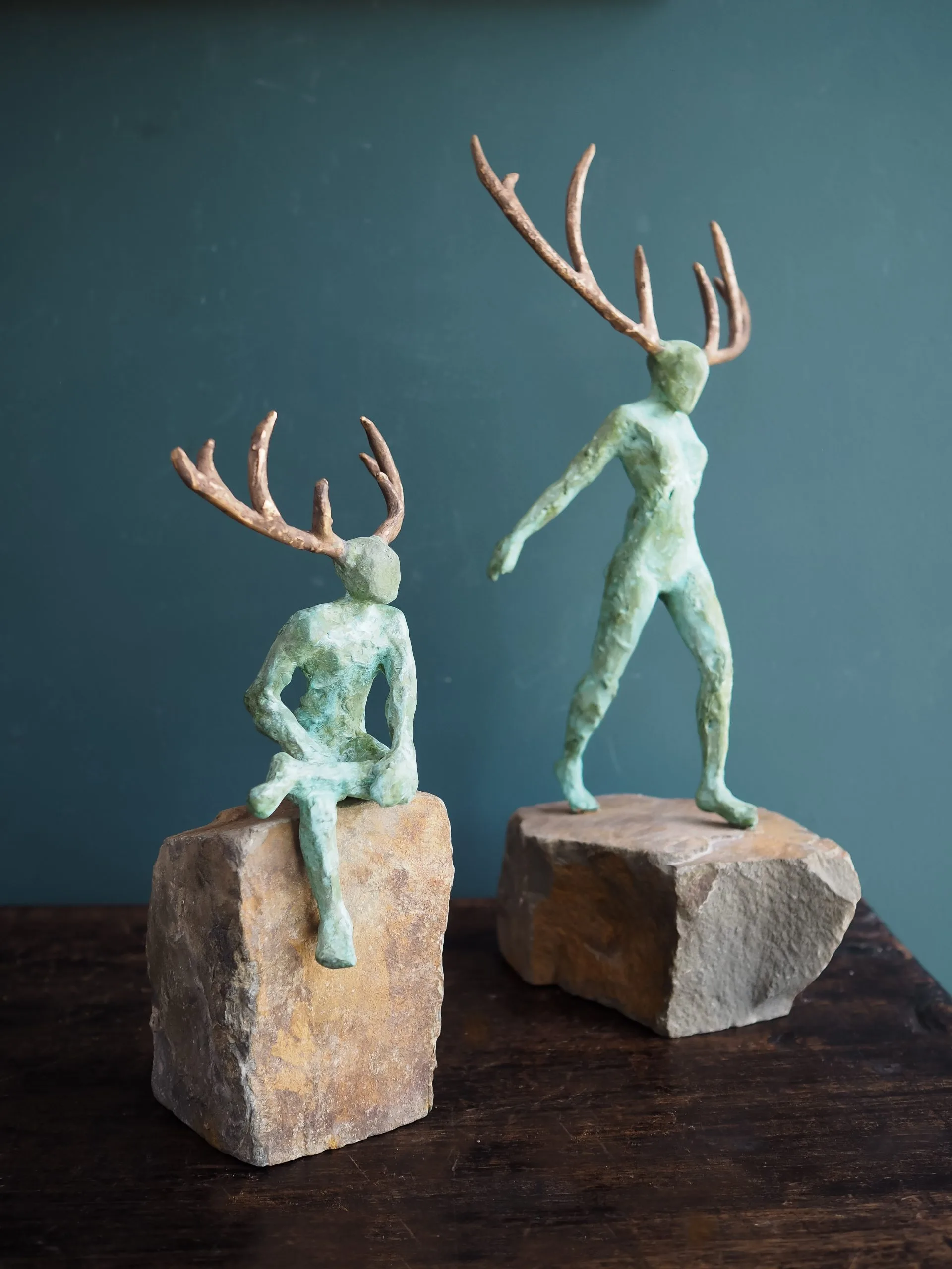 Horned God by Adam Pomeroy Bronze Sculpture on Stone Base for Kilbaha Gallery Irish Art