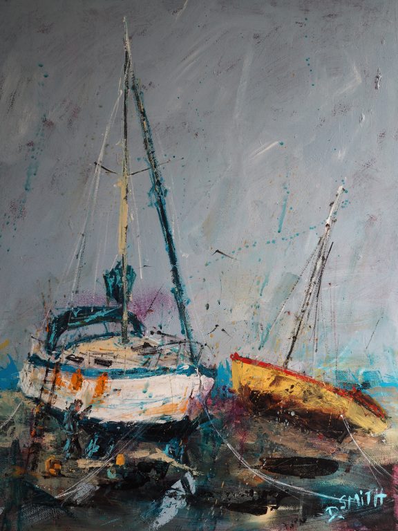 Danny Vincent Smith Blue Boats Irish art acrylic original contemporary artist painting boats Ireland West of Ireland Kilbaha Gallery Clare