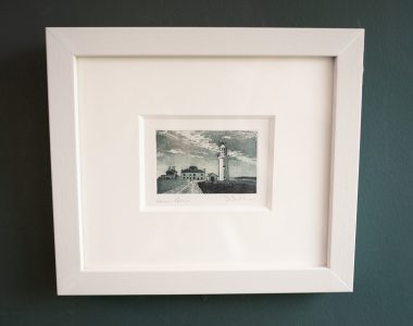 Loop Head Etching by Deirdre McKenna Deirdre McKenna Loop Head Lighthouse Original Etching Print small beautiful Irish art framed Irish gift interiors lighthouse Kilbaha Gallery