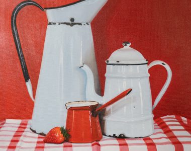 Diana Marshall strawberry on the side oil on canvas painting jugs dishes tablecloth red Irish art interiors