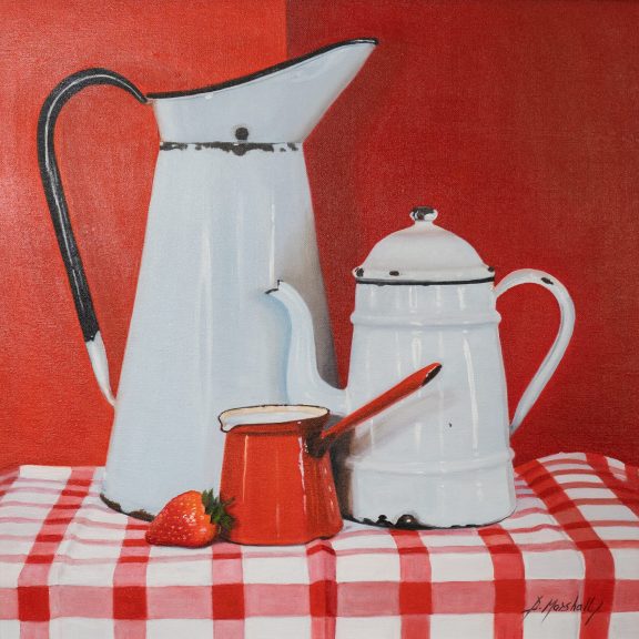 Diana Marshall strawberry on the side oil on canvas painting jugs dishes tablecloth red Irish art interiors