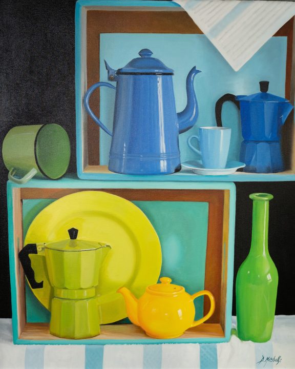 Stacked by Diana Marshall Irish art coffee pot tea pot cups press Irish art Irish Interiors painting gift