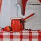 Diana Marshall strawberry on the side oil on canvas painting jugs dishes tablecloth red Irish art interiors