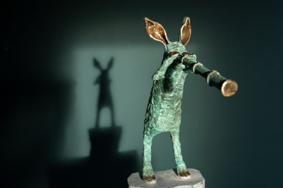 Donnacha Cahill bronze hare inquisitive hare series small interiors stone base Irish art interiors fine art sculpture