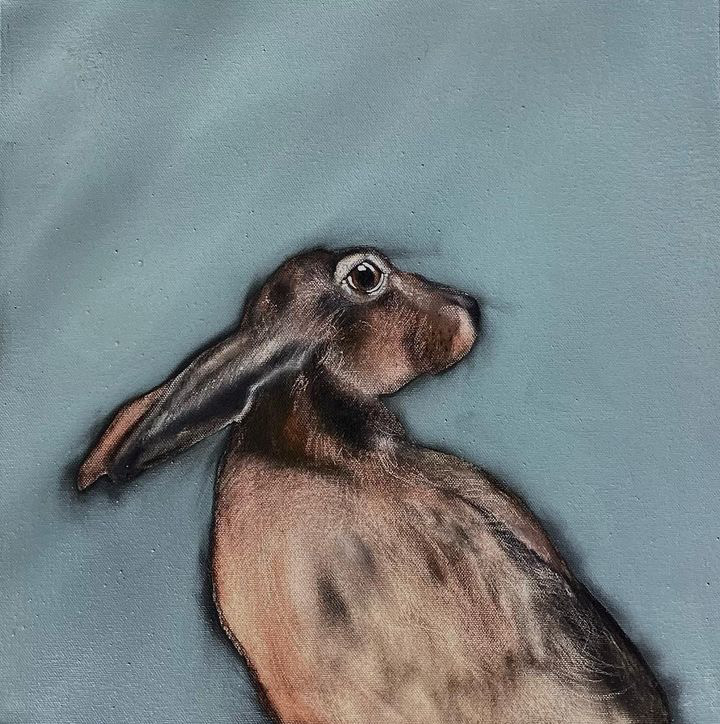 Irish Interiors Heidi Wickham Hare on blue original painting contemporary Irish art