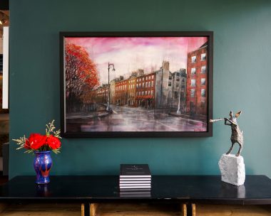 Delaney Davis Dublin in Autumn Irish art orignal oil painting urban streetscape in oils contemporary art contemporary art work trees houses Merrion Square Dublin