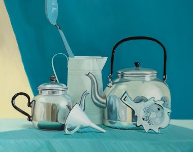 Diana Marshall Irish art original art Contemporary painting oil on canvas tea pot vintage enamel coffee pot bowl stainless steel Interiors Kitchen Decor Dining Space Art Kilbaha Gallery