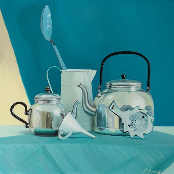 Diana Marshall Irish art original art Contemporary painting oil on canvas tea pot vintage enamel coffee pot bowl stainless steel Interiors Kitchen Decor Dining Space Art Kilbaha Gallery