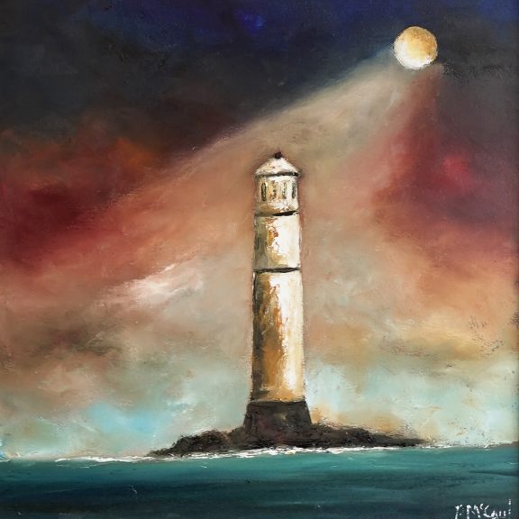 Shining Light 2023 by Padraig McCaul original oil on canvas farmhouse cottage moody sky Irish artist Kilbaha Gallery contemporary art tourism Ireland Lighthouse"