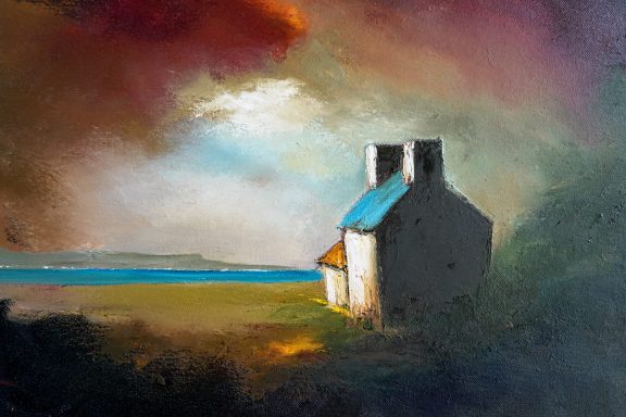 "At the End of the Day by Padraig McCaul original oil on canvas farmhouse cottage moody sky Irish artist Kilbaha Gallery contemporary art tourism Ireland