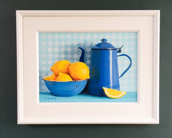 Diana Marshall Half on the Top still life fine art oil painting lemons killner jar kitchen dining room beautiful glass art painting striking work Irish interiors stunning kilbaha galllery packed full