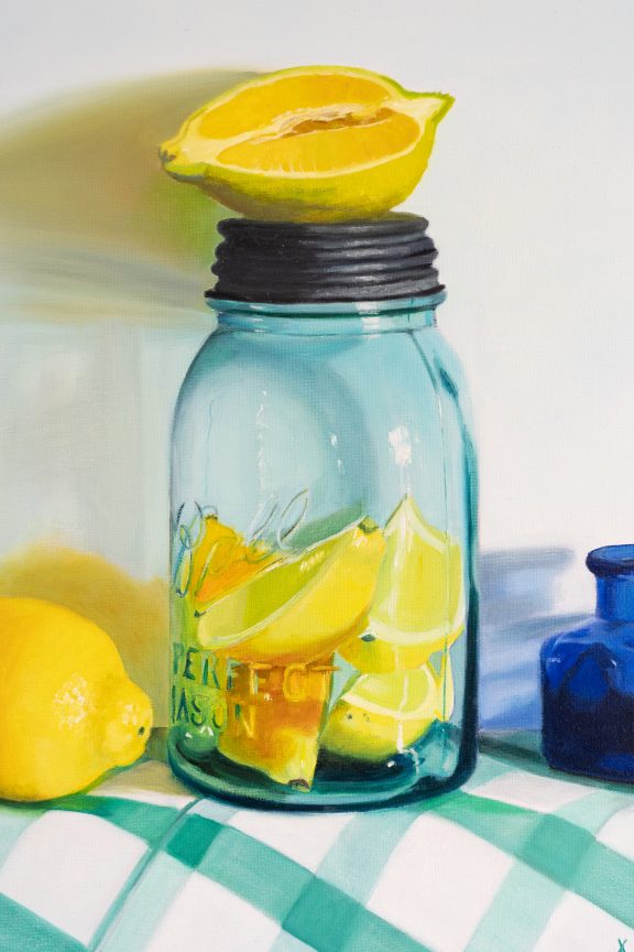 Diana Marshall Half on the Top still life fine art oil painting lemons killner jar kitchen dining room beautiful glass art painting striking work Irish interiors stunning kilbaha galllery