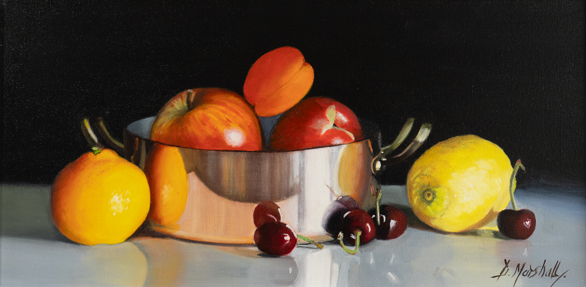 Diana Marshall Ireland contemporary art fine art still life beautiful oil painting fruit true to life realism stainless steel interiors dining space Kilbaha Gallery