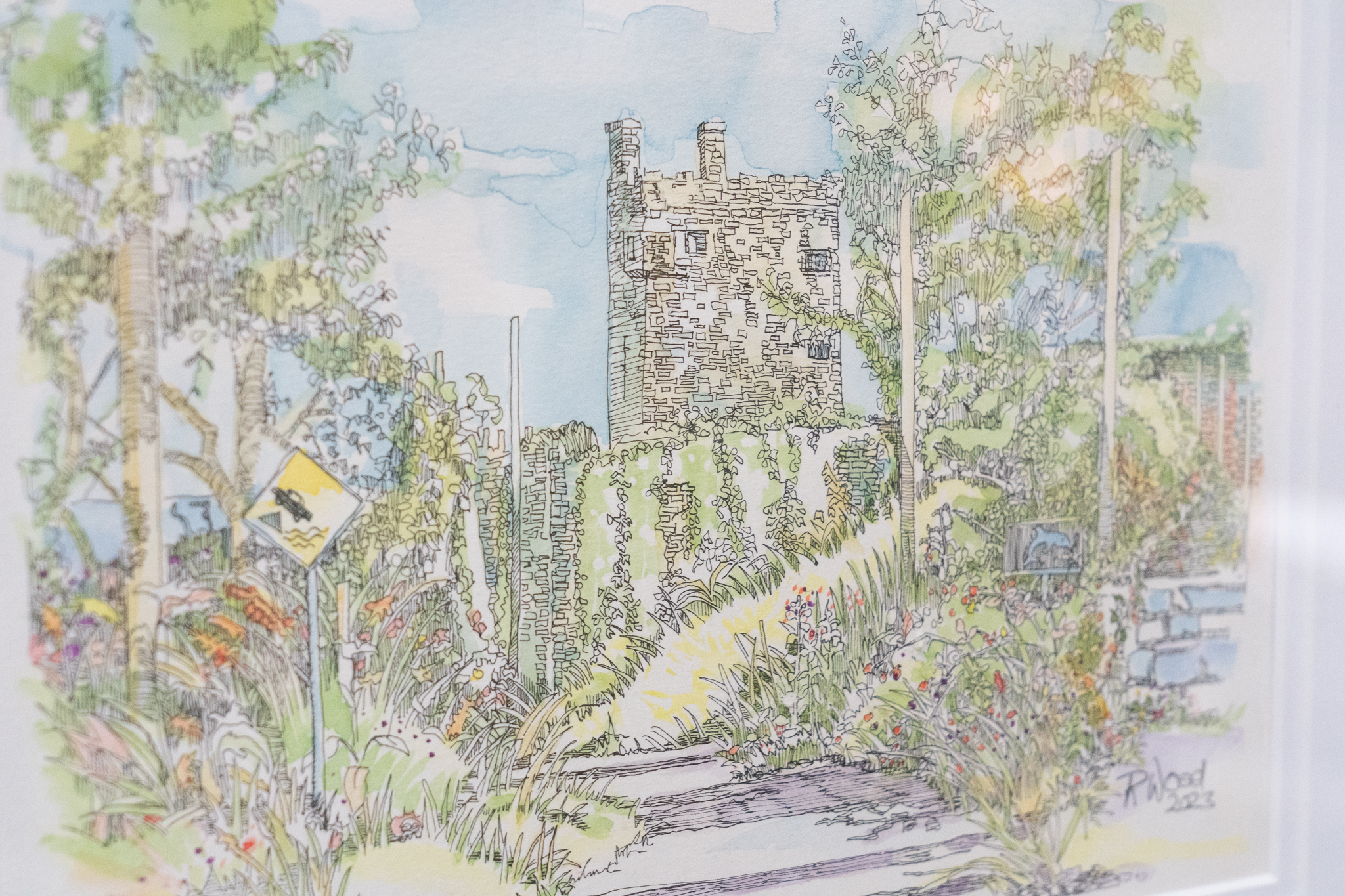Ruth Wood Pen and Ink and Watercolour original painting Carrigaholt Castle Ireland's Wild Atlantic Way Tourism Ireland old heritage sites castle building gift interiors original work Irish contemporary art Kilbaha Gallery