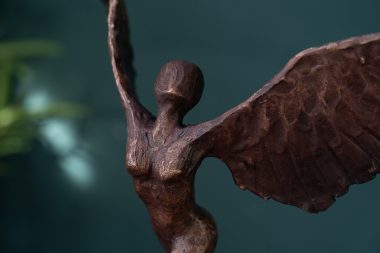 Adam Pomeroy winged goddess bronze sculpture bronze statue contemporary sculptor Ireland Interiors Kilbaha Gallery Mythology Ireland wings wingspan empowering drama movement poise