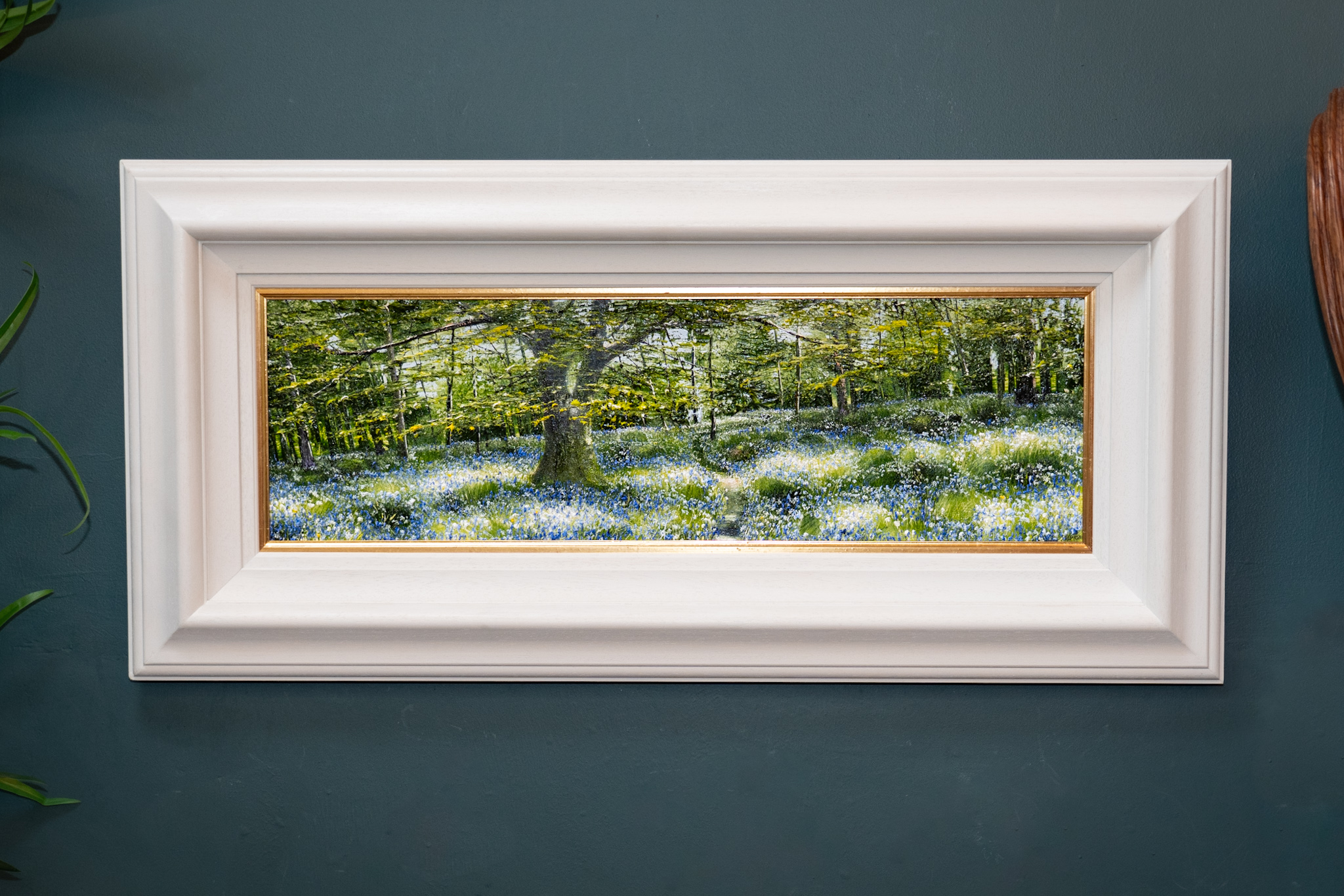 Mark Eldred Wild garlic and bluebells forest scene trees Ireland lane forest path the woods oil on canvas original painting Ireland interiors large art gift striking artwork kilbaha gallery