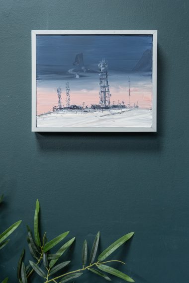 Kaye Maahs industrial pylons snow fall snowy mountain original oil painting collectable oils on canvas framed beautiful collectable original piece Ireland Irish gift Kilbaha Gallery