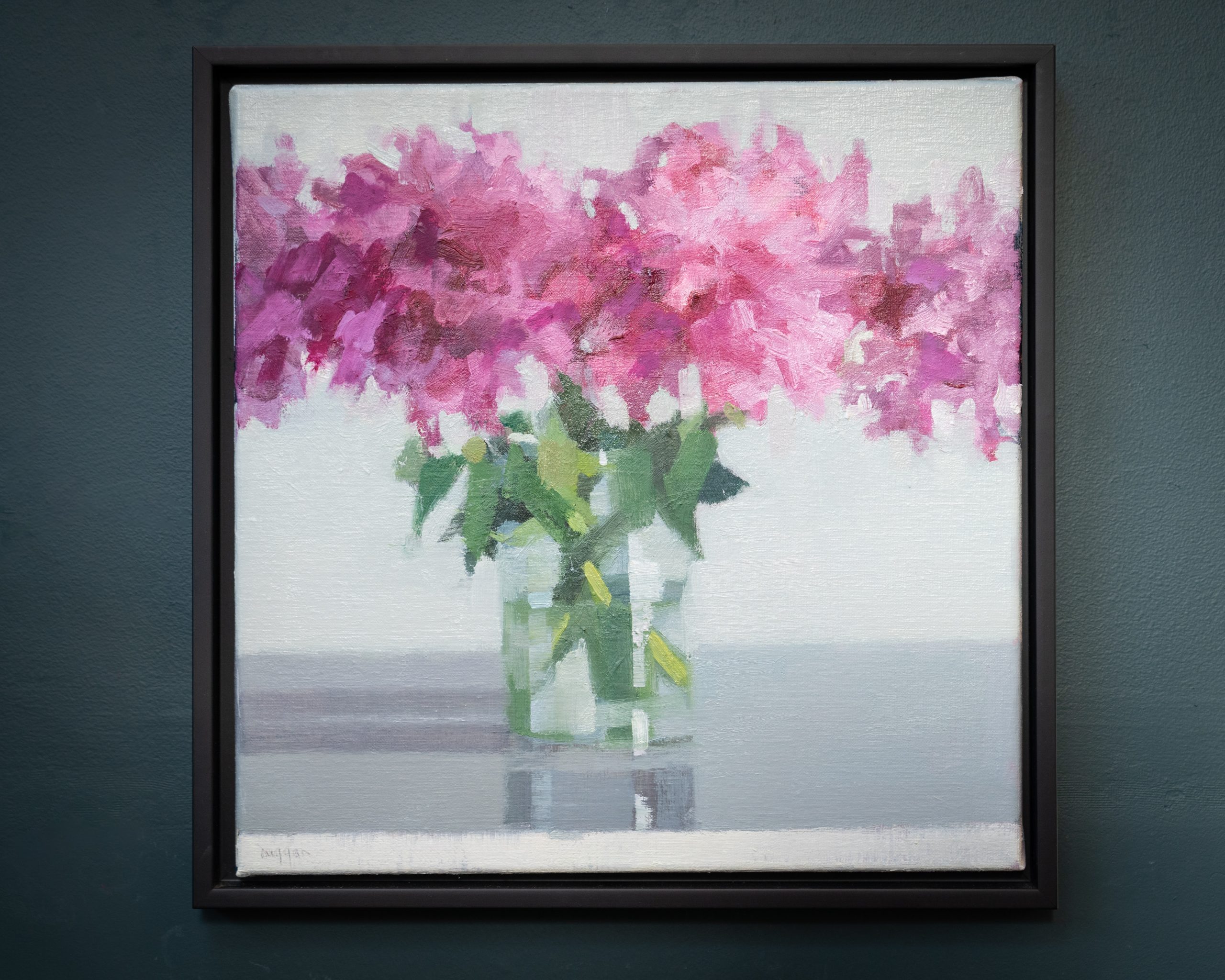 Bairbre Duggan Peonies original Irish art oil on canvas framed contemporary Irish art flowers in jar glass vase peonies Irish flowers Irish art original work collectable artist