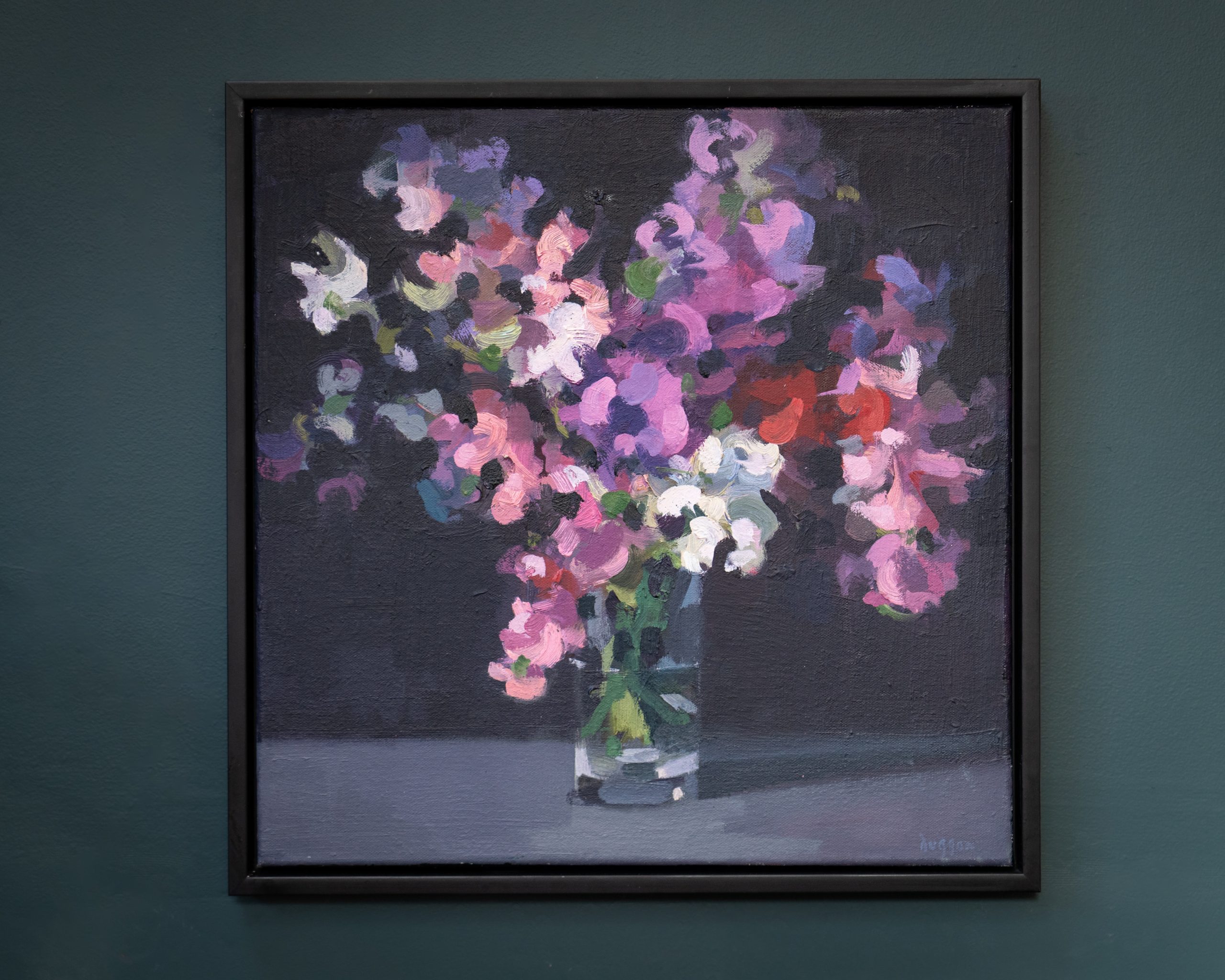 Bairbre Duggan sunset original Irish art oil on canvas framed contemporary Irish art flowers in jar glass vase peonies Irish flowers Irish art original work collectable artist