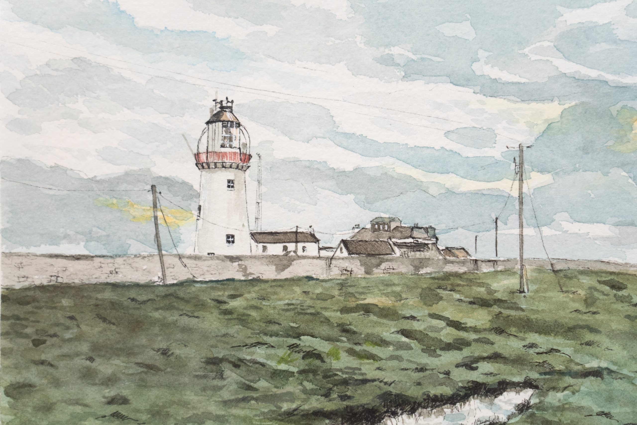 Loop Head Lighthouse Watercolour painting by D for Kilbaha Gallery Ireland original painting beautiful gift Irish interiors Shannon Estuary Ireland tourism Ireland original contemporary Irish art