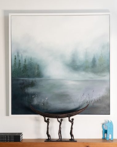 Enigmatic Woods Mary Rose Keane beautifully atmospheric oil on canvas misty mountains forest scene beautifully resonant calming interiors large art work for interior space