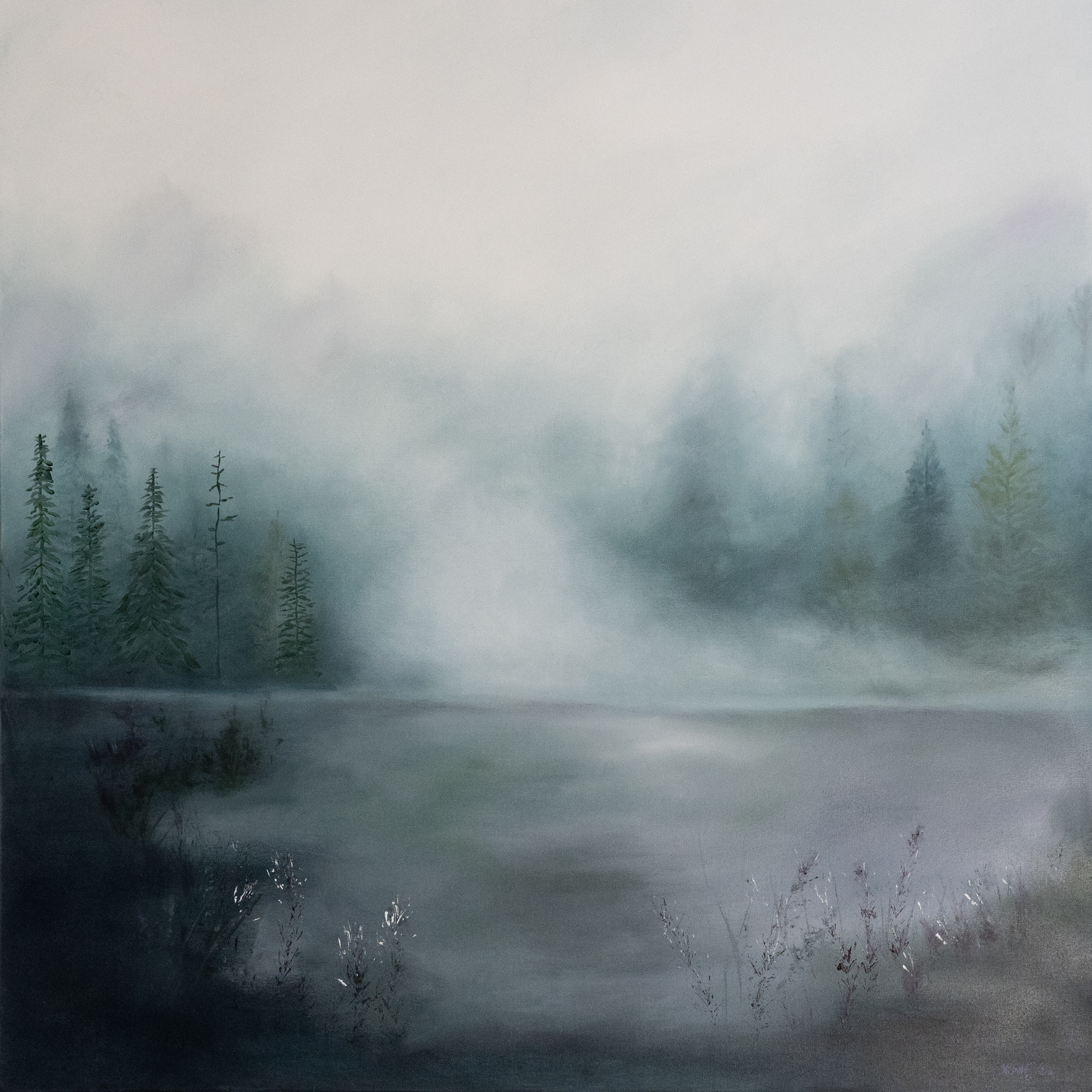 Enigmatic Woods Mary Rose Keane beautifully atmospheric oil on canvas misty mountains forest scene beautifully resonant calming interiors large art work for interior space