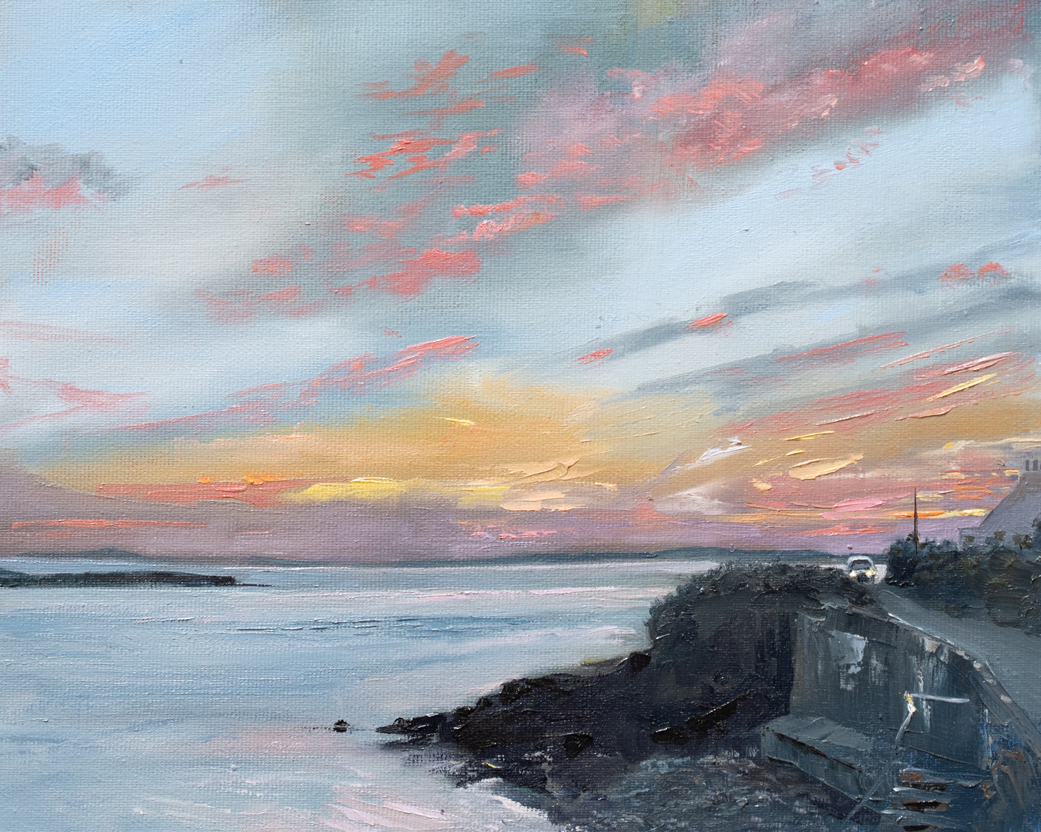 The artist signing their work as D Cappa Evening light sunlight pink sky Ireland Irish art Original Irish art contemporary artist West Clare scene Interiors Irish scene seascape beautiful Cappa Kilrush Visit Clare WAW Ireland tourism Ireland painting