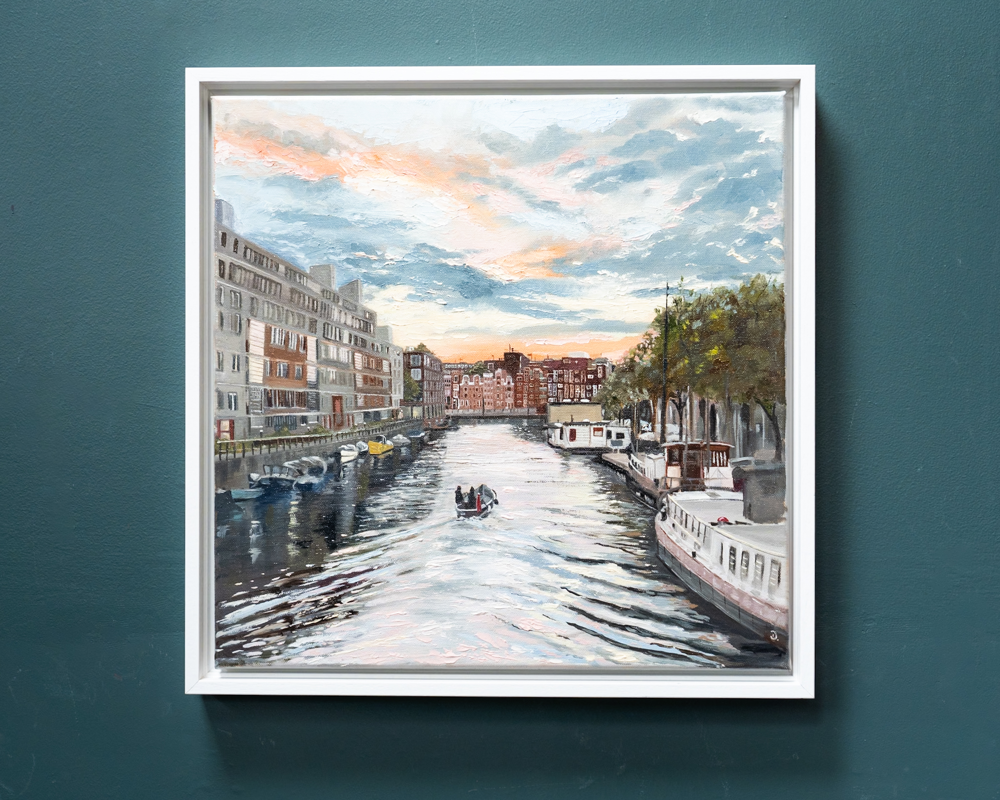 The artist signing their work as D Amsterdam Original Irish art oil painting of Amsterdam waterways boats river boats urban art beautiful piece of art by contemporary Irish artist D Kilbaha Gallery Ireland