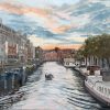The artist signing their work as D Amsterdam Original Irish art oil painting of Amsterdam waterways boats river boats urban art beautiful piece of art by contemporary Irish artist D Kilbaha Gallery Ireland